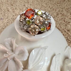 Multi stone green/orange Sterling cocktail ring - 6